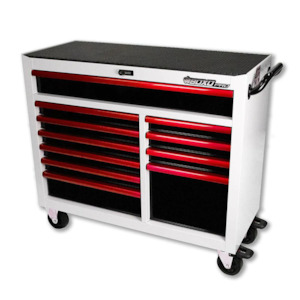 Workbench Collection: 45" 11-Drawer Pro Series Bottom Roll Tool Cabinet White/Red