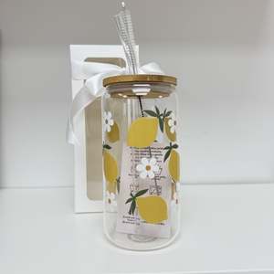 Birthday Gifts: Glass Tumbler with Straw -Lemons + Daisies