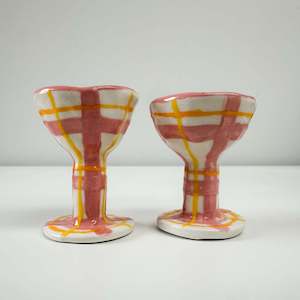 Pair Handmade Pottery Egg Cups - Orange/Pink/Yellow Plaid