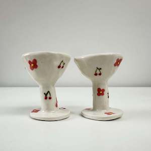 Pair Handmade Pottery Egg Cups - Cherry/Daisies