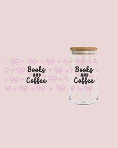 Art Home: Glass Tumbler with Straw - Books, Bows & Coffee