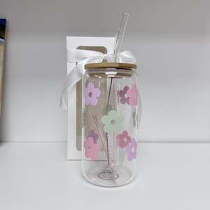 Art Home: Glass Tumbler with Straw -Daisies Mint/Purple/Pink