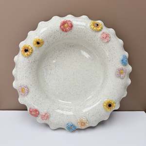 Pottery Ceramics: White/Black Speckle Flowers Bowl
