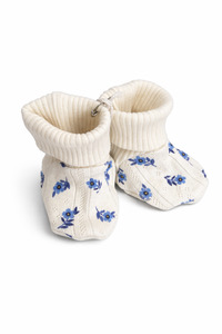 Baby Me: Cotton Waffle Merino Booties- Blue Flower 0-6M