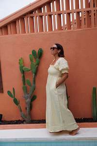 Dresses: Putri Off-Shoulder Puff Sleeve Linen Maxi Dress - Butter