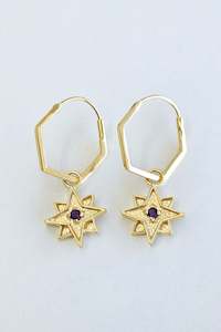 Hex Hoop Earrings with Amethyst Star Pendant - Gold