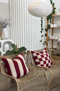 A Company Of Friends: Checks/Stripe - 100% Linen Cushion Burgundy