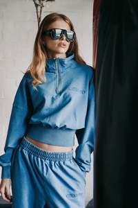 PREORDER Acid Wash 1/4 Zip Crop Jumper - Demin Blue