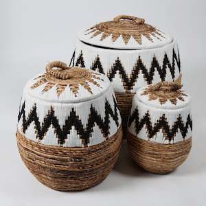 Baskets And Storage: White Water Hyacinth and Macrame Stitched Basket