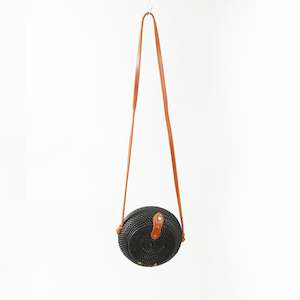 Round Black Bali Bag With Tan Straps and Batik Lining