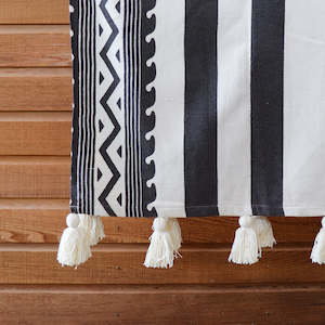 All: White & Black Patterned Throw with White Tassels