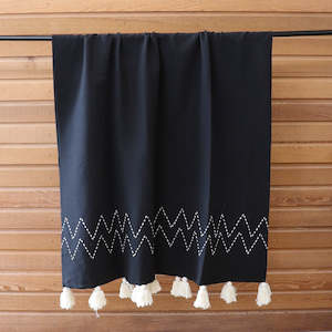 All: Black Cotton Throw with Zig Zag Stitched Pattern & Cream Tassels