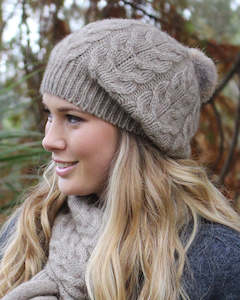 Possum Merino Relaxed Cable Hat with Fur Pompom