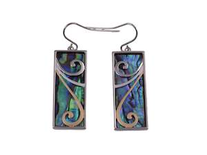 Kiwiana Earrings: Boxed koru paua rectangle rhodium earrings