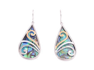 Kiwiana Earrings: Boxed koru paua water-drop rhodium earrings