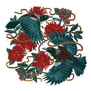 Christmas Cards: Christmas Card - Wolfkamp & Stone - Lino Cut Tuis & Pohutukawa