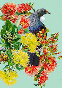 Christmas Card - Palm Prints - Tui On Pohutukawa