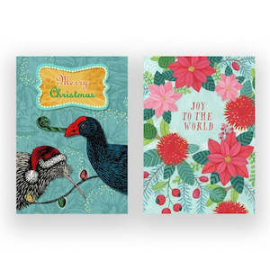Christmas Cards: Christmas notecard - Pukeko Kiwi & Wreath Tree 8 Pkt