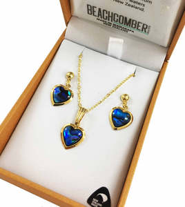 Kiwiana Earrings: Paua Heart Set Gold Boxed-BBJ1119S