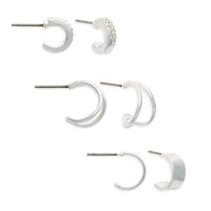 Ear Sense Earring FC331 Silver Crystal/Wide/Double Hoop Trio