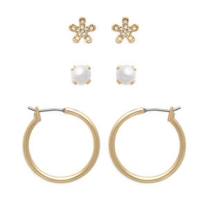 New: Ear Sense Earring FC322 Gold Crystal Flower/ Pearl/ Hoop Trio