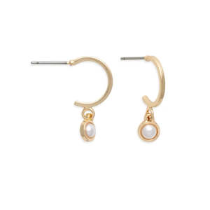 New: Ear Sense Earring Gold Hoop w/Pearl Inset Drop F488