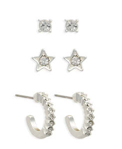 Ear Sense Earring FC323 Silver CZ/Star/Crys Hoop Trio
