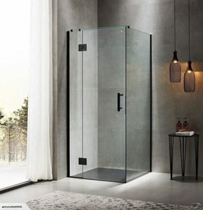 Products: Black Frameless shower with tray and liner 970 x 970 x 2000mm