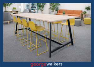 Meeting Room: PR6470  Whitewashed Woodgrain  Bar Leaner Meeting Table and Stools