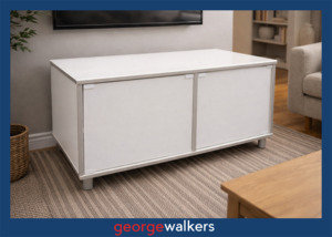 PR6579  White  Compact TV Stand with Glass Doors