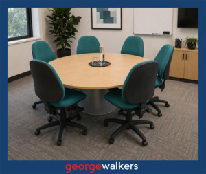 Meeting Room: PR6640  Tawa/Teal Round Meeting Table + 6 Chairs Set
