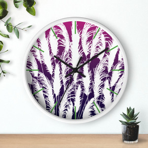 Purple & White Clock White Wood Frame with Sunset White Pampas Grass Silhouettes