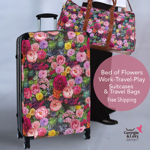 Floral Suitcases Hardshell 3 Sizes with Bed of Flowers - Pink Peonies Pink Roses
