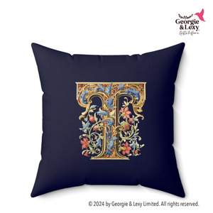 Personalized Faux Suede Navy Blue Throw Pillows Illuminated Floral Alphabet T