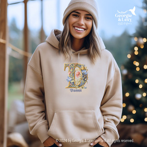 Gildan 18500 Sand Hooded Sweatshirt Personalized Name Illuminated Floral Letr D