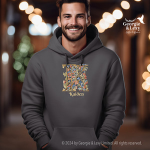 Gildan 18500 Grey Hooded Sweatshirt Personalized Name Illuminated Floral Letr K