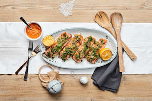 Herb and caper grilled salmon with smoked almond Romesco sauce. Serves 2 - 3