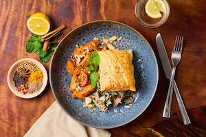 Greek lamb spinach feta pie with dukkah carrots