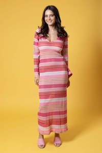 Jessie V-Neck Maxi Knit Dress - Stripe Pink