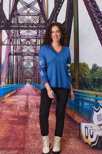Tops: Merino Blend Signature Jumper - Blue/Cream