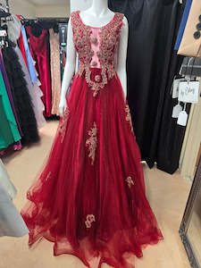 DPB0193 Burgundy Mesh Ball Gown with Beaded Detail