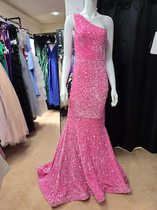 DPB0053 Pink One Shoulder Open Back Sequin Dress