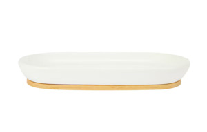 Bathroom: White Amenity Tray with Wooden Bamboo Base