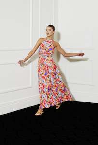 Midsummer Halter Maxi Dress - Sunset Palm