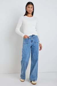 Among The Brave: Zoey Signature Blue High Rise Wide Leg Pocket Jean - Signature Blue
