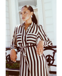Among The Brave: Cyprus Stripe Satin LS Shirt Midi Dress - Black Sand Stripe