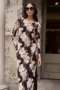 Gallery Mesh L/S Maxi Dress - Sepia Floral