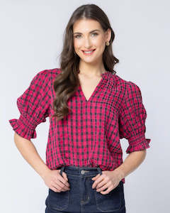 Relaxed Butterfly Top / Hot Pink Texture Check