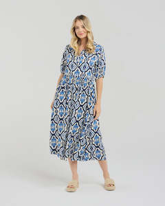 Blackstone: Genevieve Button Placket Dress - Blue Aztec