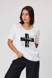 June Pleat Tee - White w Black Cross